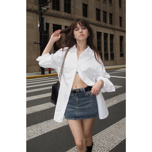 NEVA HU白色长袖衬衫女宽松2024春季新款设计S感小众韩版百搭衬衣