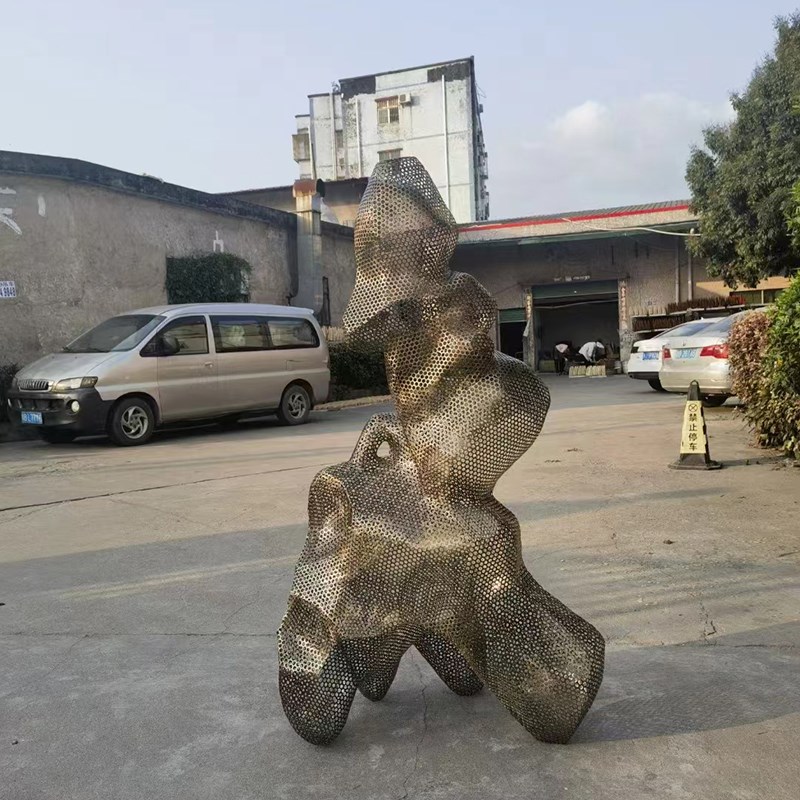 不锈钢金属镂空太湖石落地雕塑仿竹编餐厅酒店售楼处新中式装饰品