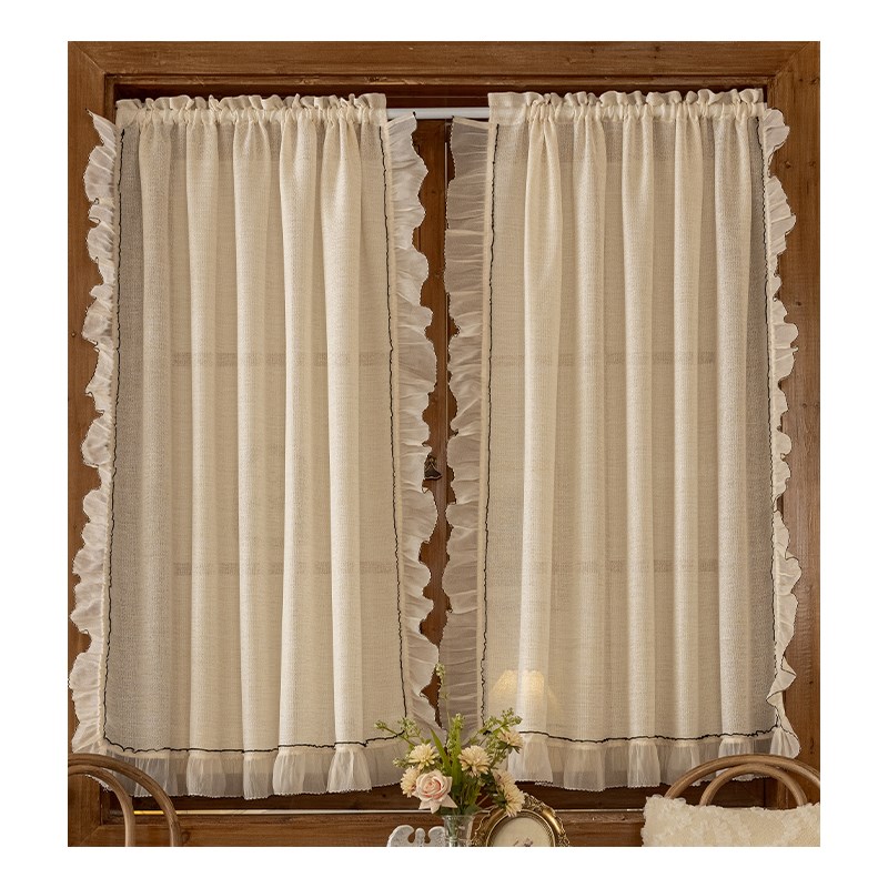 法式蕾丝纱帘奶油风提拉帘门帘家用卧室隔断帘遮光小窗户半帘短帘