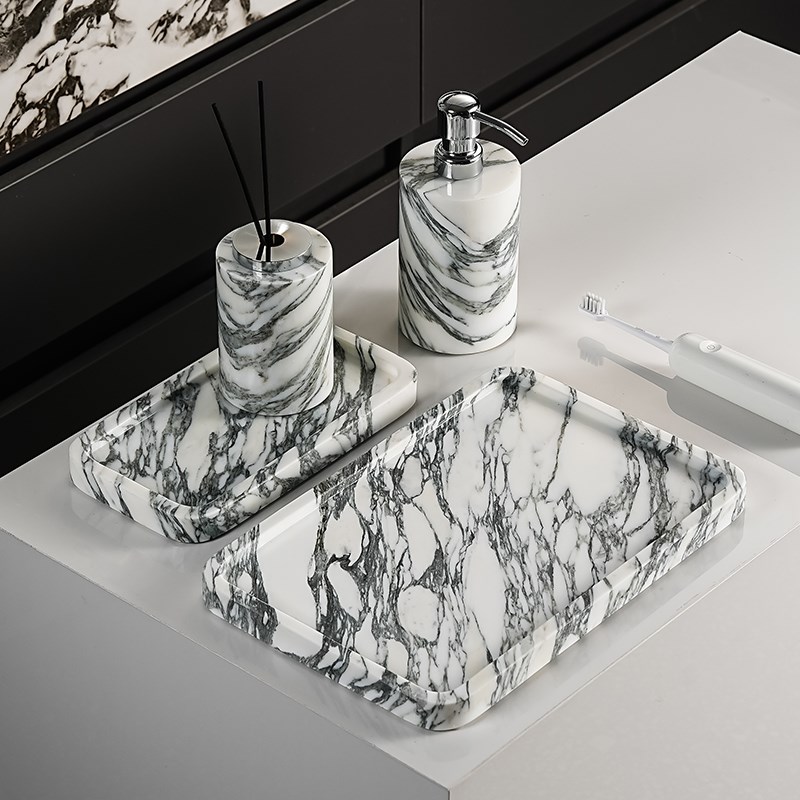法式大花白天然大理石酒店卫生间洗漱套装置物架托盘浴室用品摆件