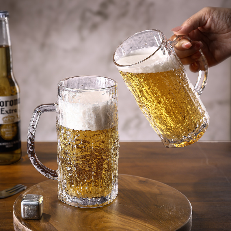 啤酒杯水晶玻璃家用大容量带v把精酿扎啤杯高颜值酒吧果汁玻璃杯