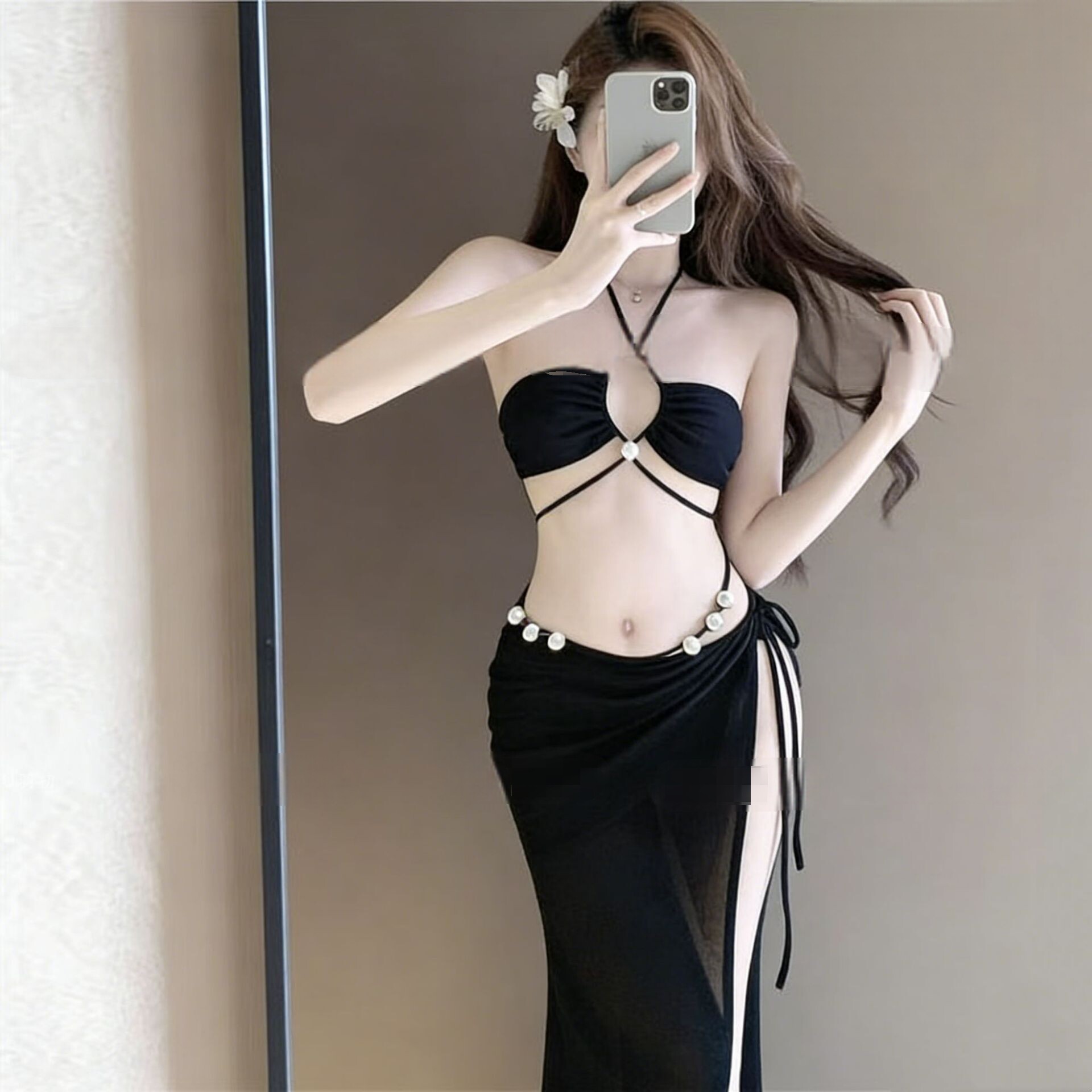 26新粉色甜美挂脖分体遮肚显瘦荷叶边蛋糕裙式保守温泉度假泳衣女