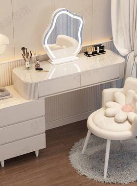 fLE奶油风梳妆台现代简约收纳柜床头柜化妆台一体书桌伸缩化妆桌2