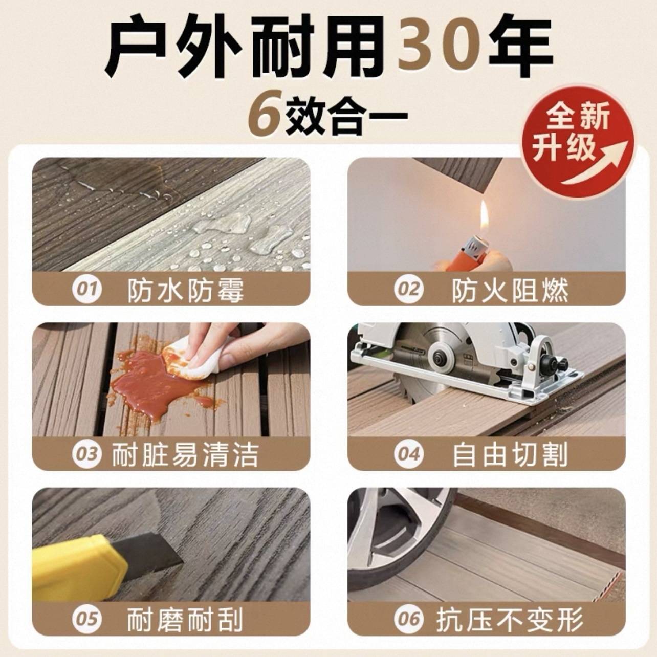 塑木地板户外露台地面铺设室外防腐木地板庭院花园圆孔二代共挤