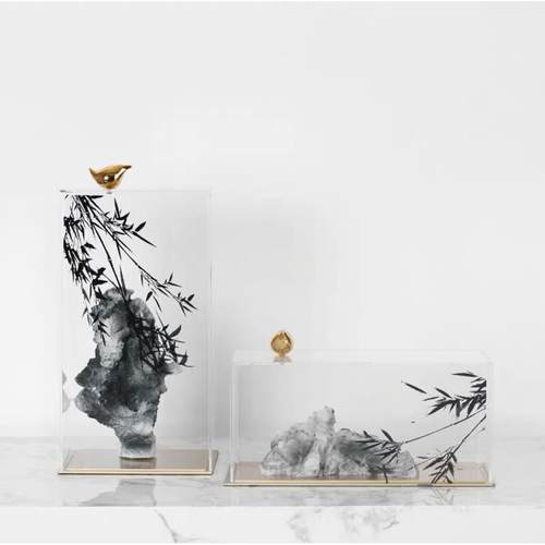 新BJ1197中式创意山石摆件厅玄关展现代简约书柜亚克力示罩假软装