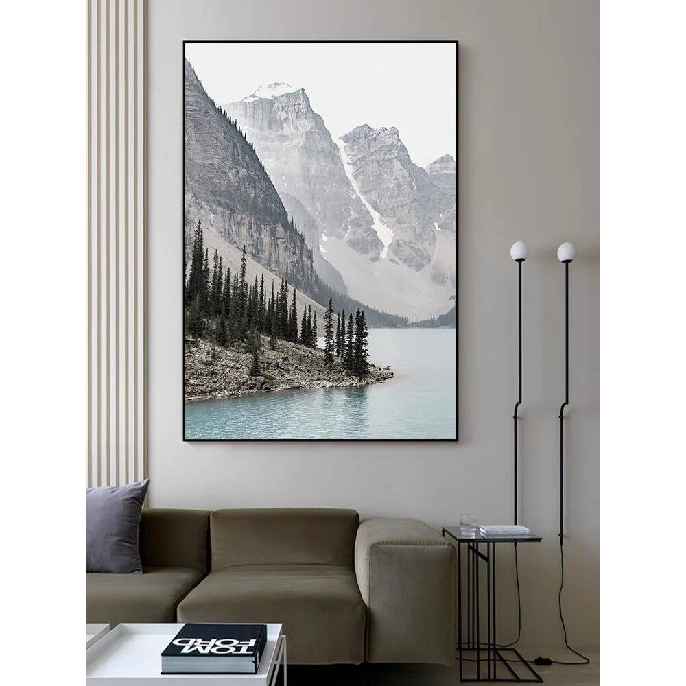 新中式山水湖泊装饰画现代客厅风景山脉大幅壁画入户玄关竖版挂画
