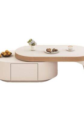 fLE岩板茶桌客厅家用奶油2024现代小户型新款轻奢简约伸缩茶几