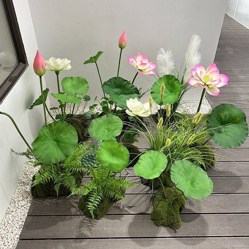 仿真造景PU荷花带杆仿真花荷叶落地酒店餐厅假花装饰莲花道具绢花