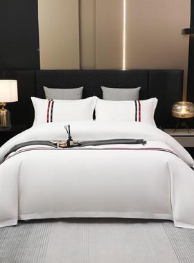 宾馆上酒店床用46011品民四件套贡宿风布纯白色床品缎床单被套三