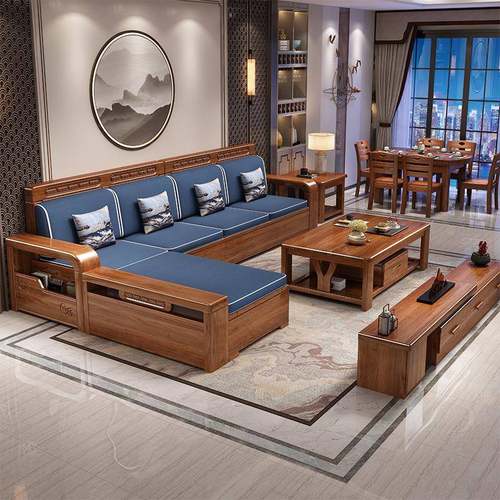 新中式实木沙发胡桃木简夏约物大型组合冬两用布艺YS—HK50客厅储