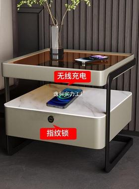 (工厂直16411式销意极简实木床头柜)智能卧室现代无线电岩板床边