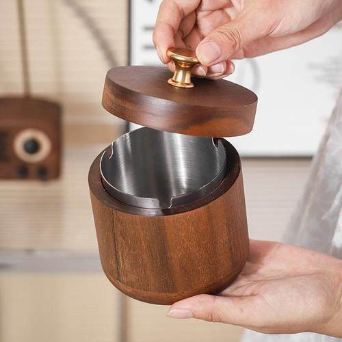 烟灰缸带盖大量风烟缸木容送灰男朋友家用防风飞办公101室防复古