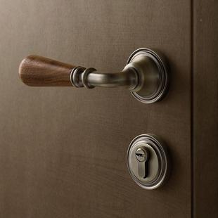 卧室门锌合金+锁室内中门古门风房门锁胡桃木复古把黑手磁吸静音