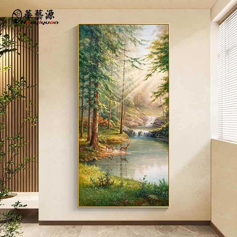 纯手绘FM892601欧客厅鹿山水风景画玄关装油饰画小美式式过道竖版