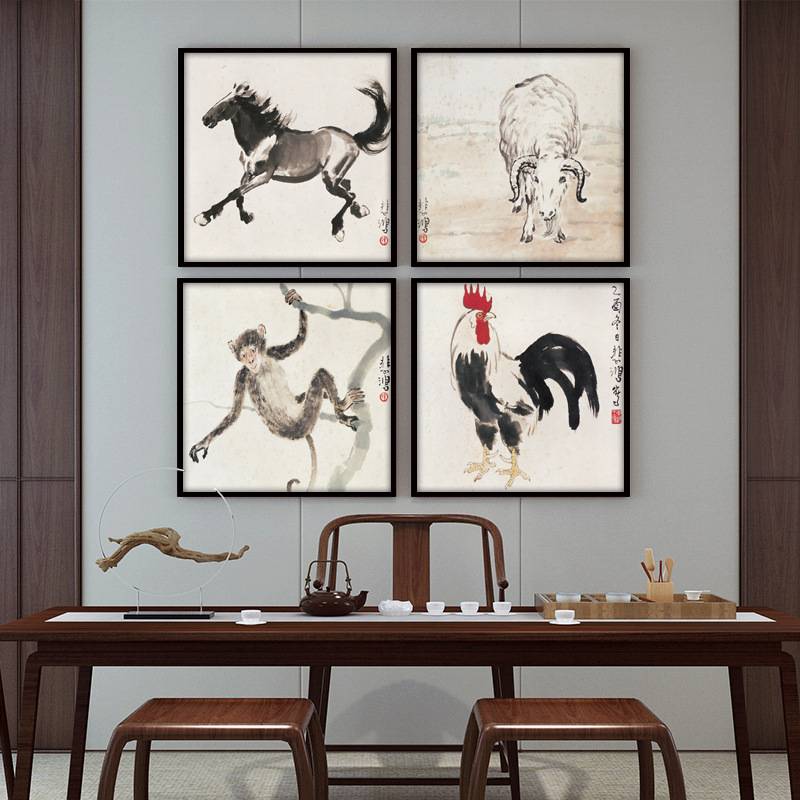 徐悲鸿国画十二生肖挂画鼠牛虎兔龙蛇马羊猴鸡狗猪动物图装饰壁画