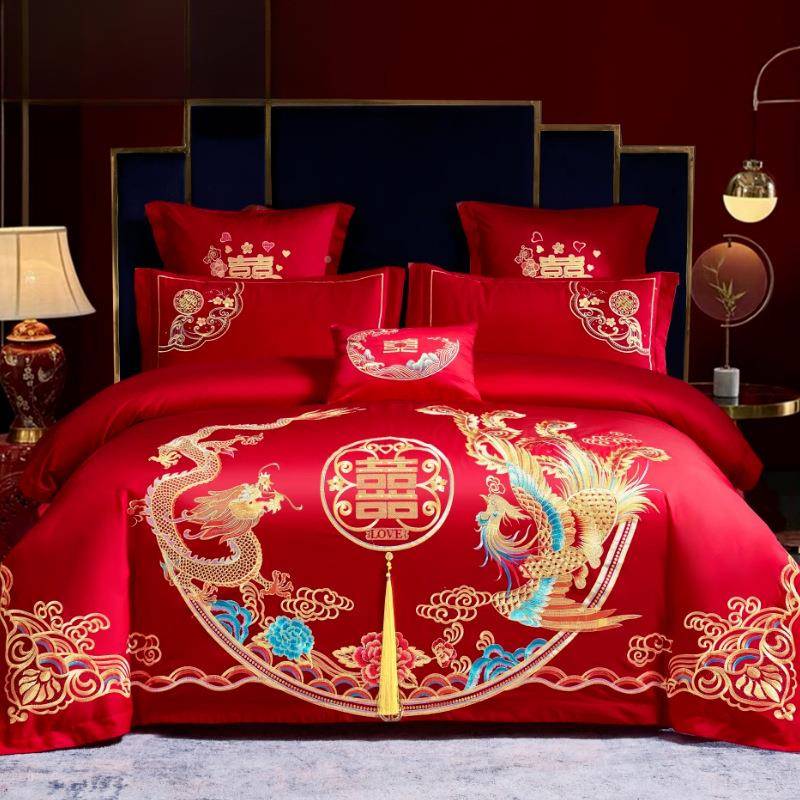 婚档全棉婚庆四件套高纯棉龙凤刺绣套65412895被新婚红色结房床品