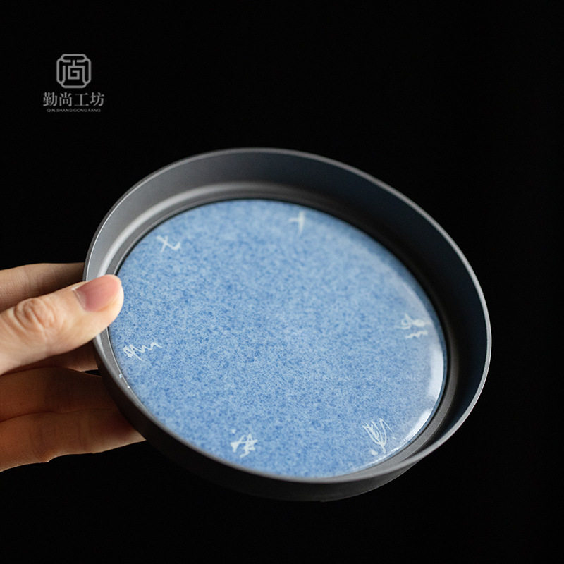 洒蓝手写诗文壶承陶瓷茶道配件茶壶干泡盘盖碗底托茶承家用果盘
