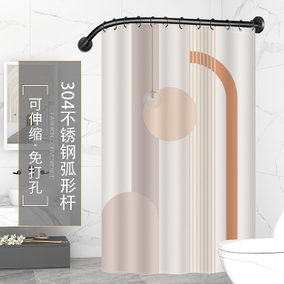 浴帘套装免打孔弧形杆淋浴挂帘 浴室加厚防霉隔断帘 W卫生间防水