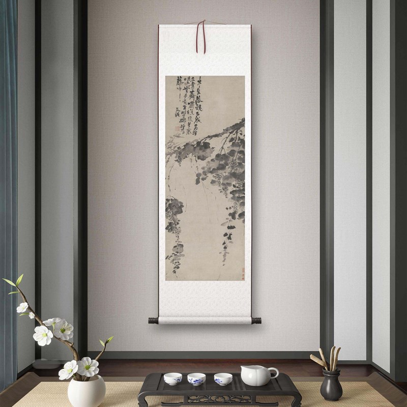 明代徐渭《墨葡萄》客厅书房茶室装饰画挂画玄关水墨高清卷轴字画