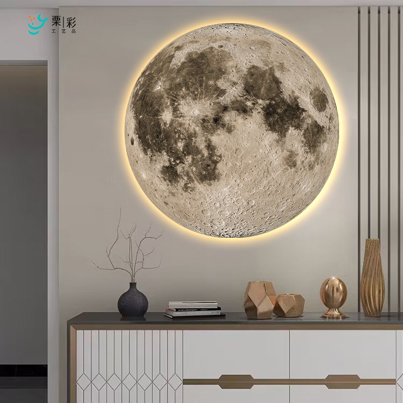 月球地球壁灯圆形过道走廊玄关挂画主卧背景墙卧室带灯床头装饰画