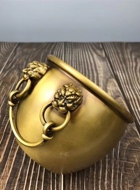 实心纯铜聚宝盆摆件客厅狮头皇宫招财缸按比例仿制办公室桌面元宝