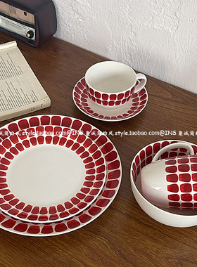 芬兰24小时红色中古餐具陶v瓷意面西餐盘沙拉碗咖啡杯碟牛奶马克