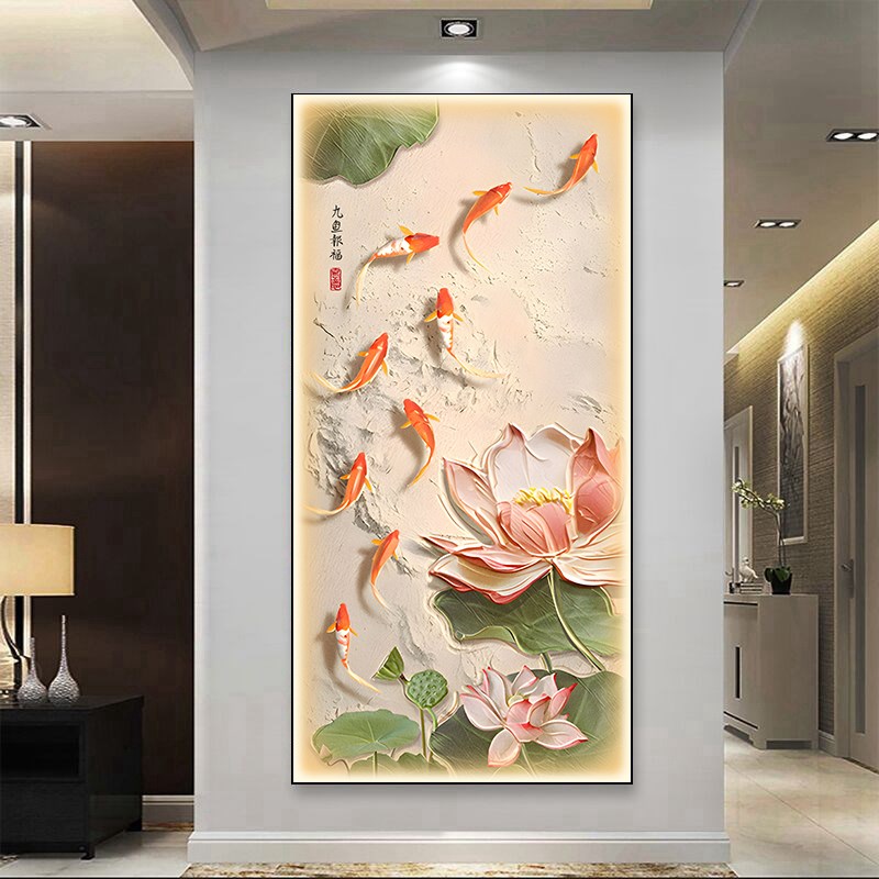 新中式玄关装饰画九鱼图客厅入户正对墙面挂画进门生财玄幻壁灯画图片
