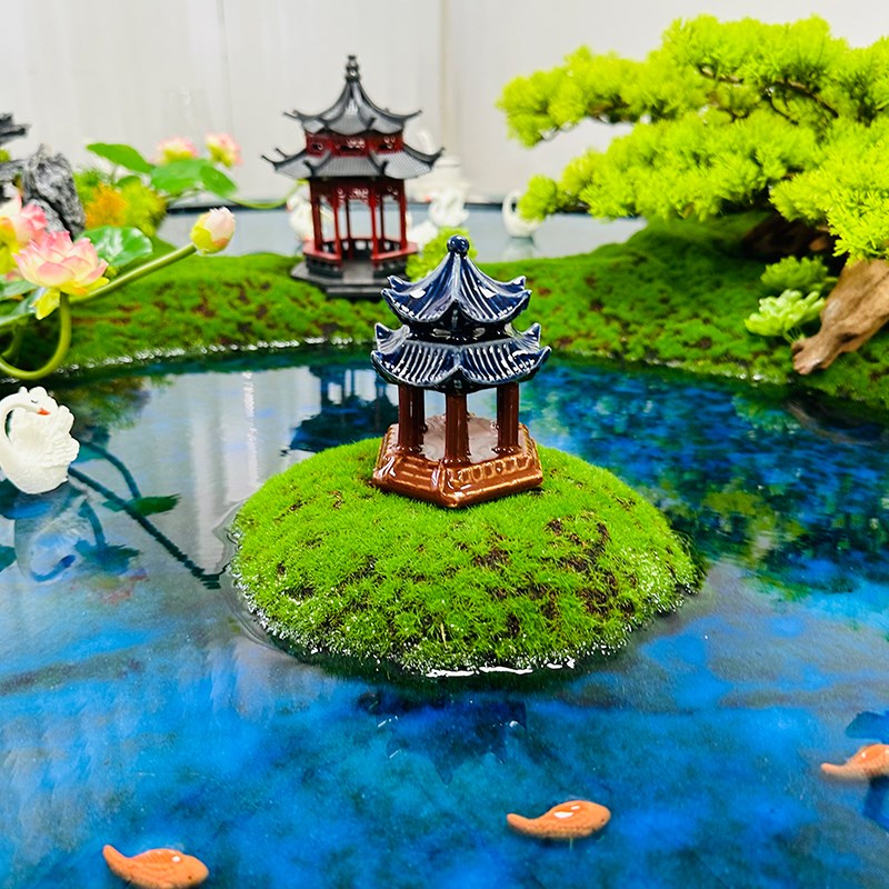 新中式大圆桌电动转盘中间装饰花艺摆设酒店餐桌花造景微景观摆件