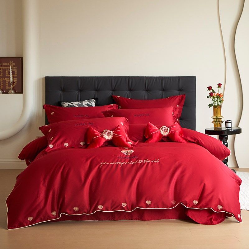 中式纯棉结婚四件套100S长绒棉全棉被套床单婚庆红色床上用品刺绣