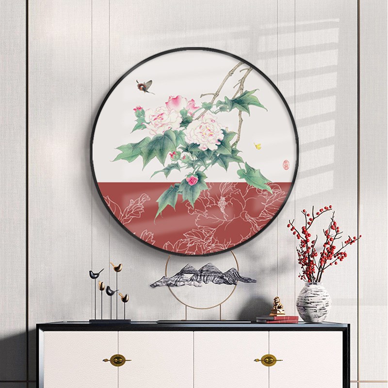 牡丹园 新中式玄关样板房装饰画牡丹国画中国红圆形花鸟客厅壁画图片