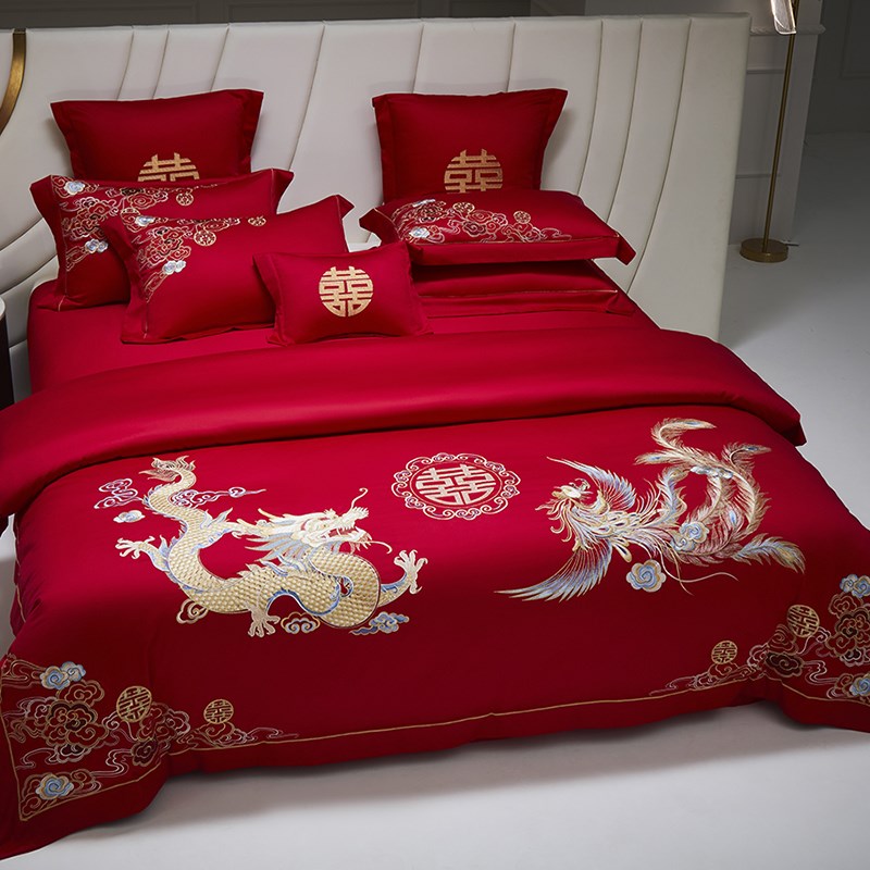 高端龙凤婚庆四件套100S长绒棉纯棉被套红色结婚喜被床单床上用品