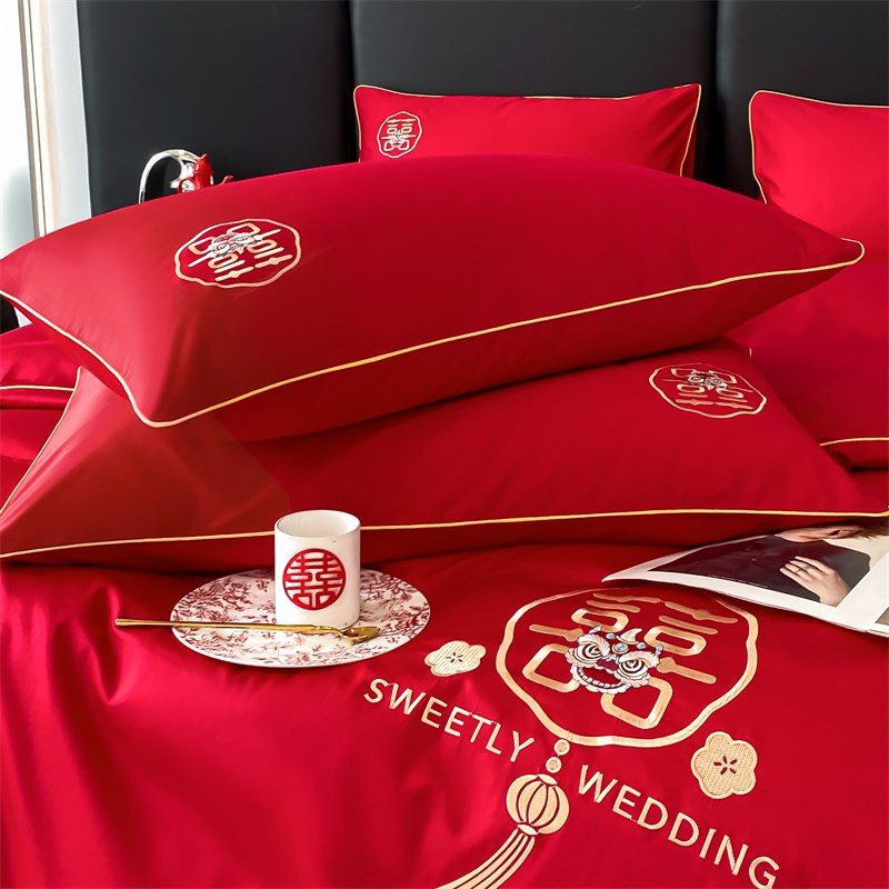 全棉婚庆高端四件套100%纯棉结婚陪嫁婚房大红色被套床单床上用品