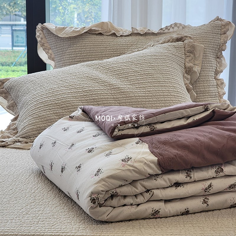 韩国植物砂洗柔软纯棉床盖三件套100全棉夹棉加厚床单绗缝被盖毯