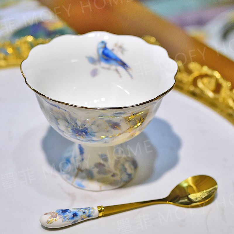 喜上眉梢果碗陶瓷高脚冰淇淋杯家用甜品沙拉雪糕杯家居装饰品摆件