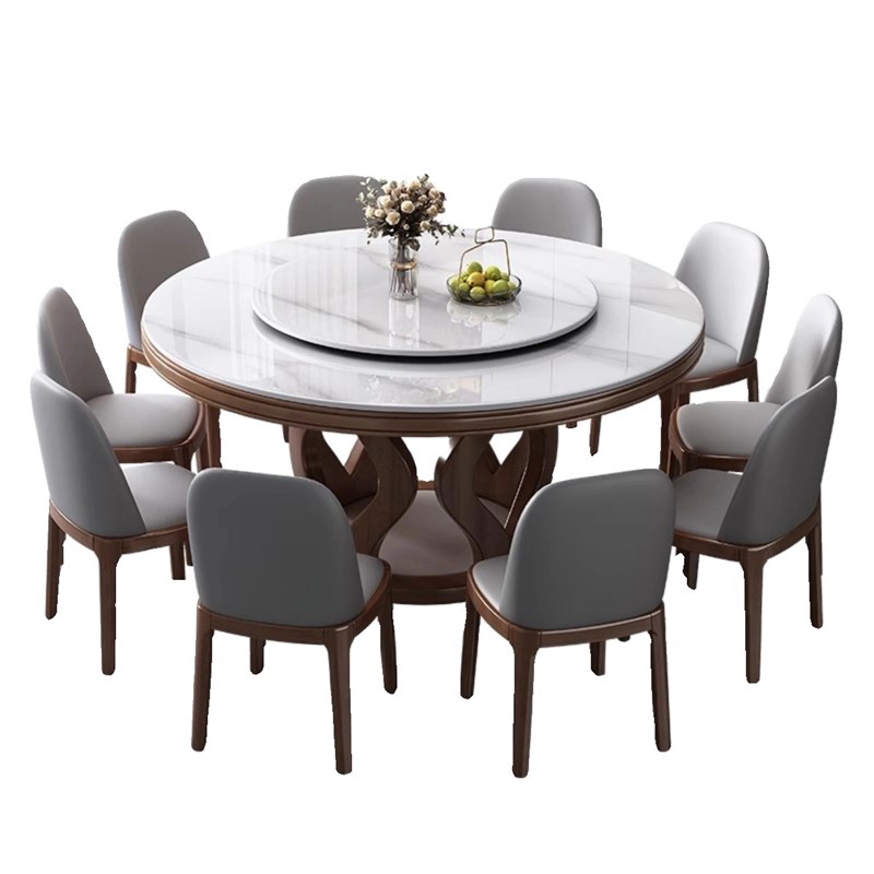 实木餐桌岩板圆i桌椅组合现代简约轻奢家用圆餐桌客厅带转盘吃饭