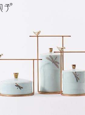 美式新中式青春意蜻蜓小鸟绿色铁艺关陶瓷装饰品酒店玄博古PTA架