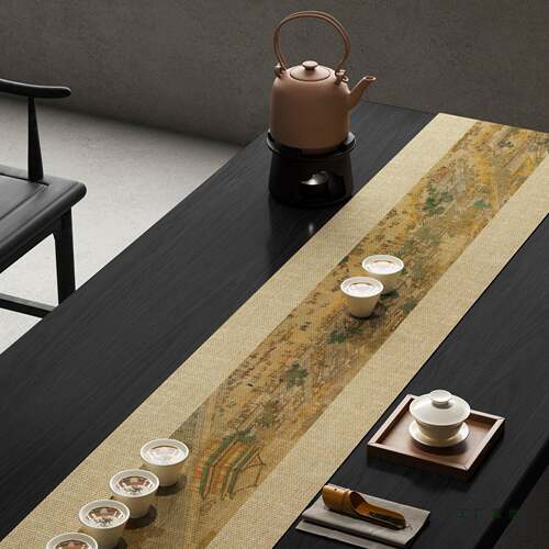 新式禅意千里江山餐桌桌茶中台用防水专茶旗桌垫布61餐边柜桌布盖