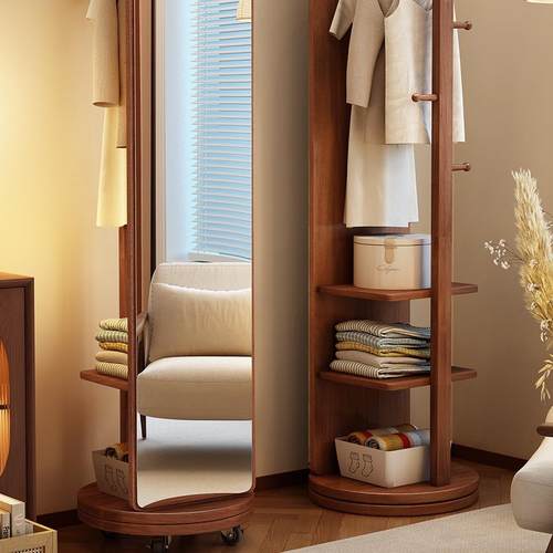 实木穿衣镜全身镜落地家架用卧室可旋转省空镜间试0000带挂衣一体