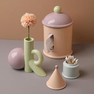 JJF贝汉意美值创多巴胺纸巾盒高花瓶牙线筒陶颜瓷家居桌面装 饰品