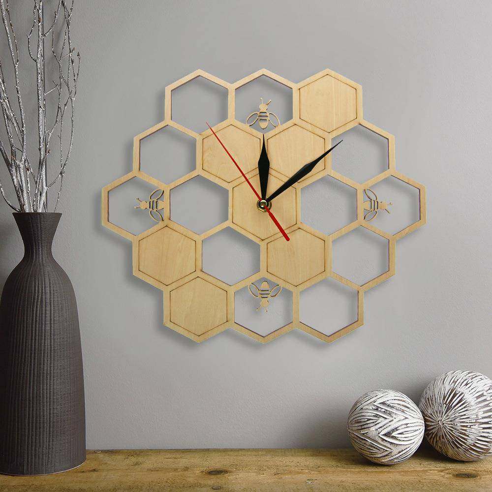 卖热边创意木质蜜蜂蜂巢六形墙艺术钟家居客墙厅319装饰无声扫秒