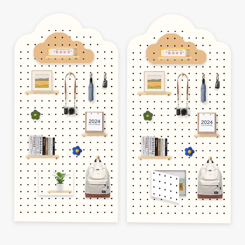 优圣美家定制入户玄关实木木质门口F门后展示架收纳墙面云朵洞洞