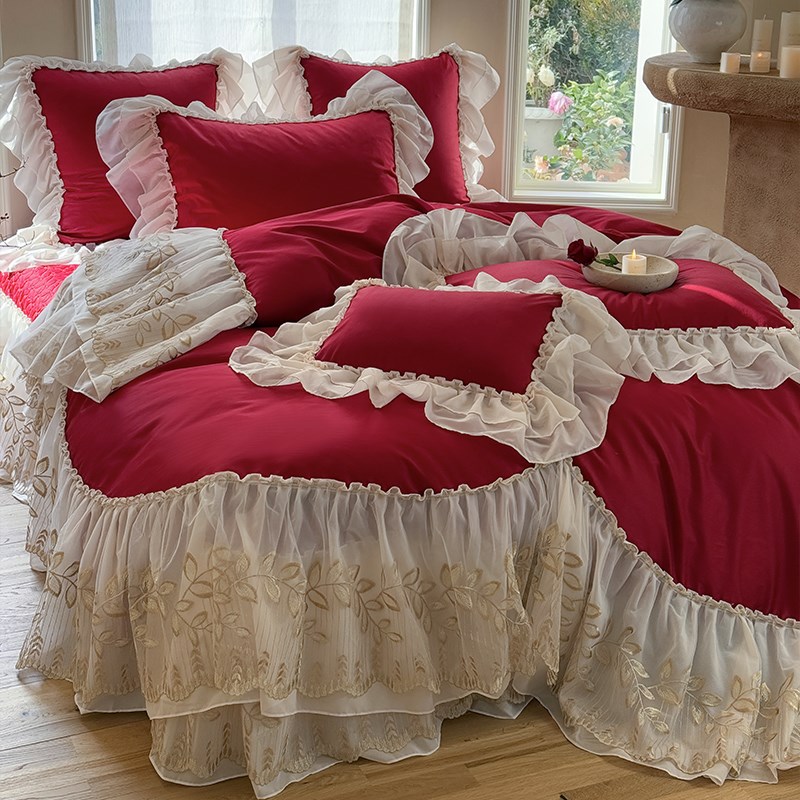金色刺绣蕾丝花边全棉长绒棉四件套酒红色被套纯棉床盖结婚庆床品