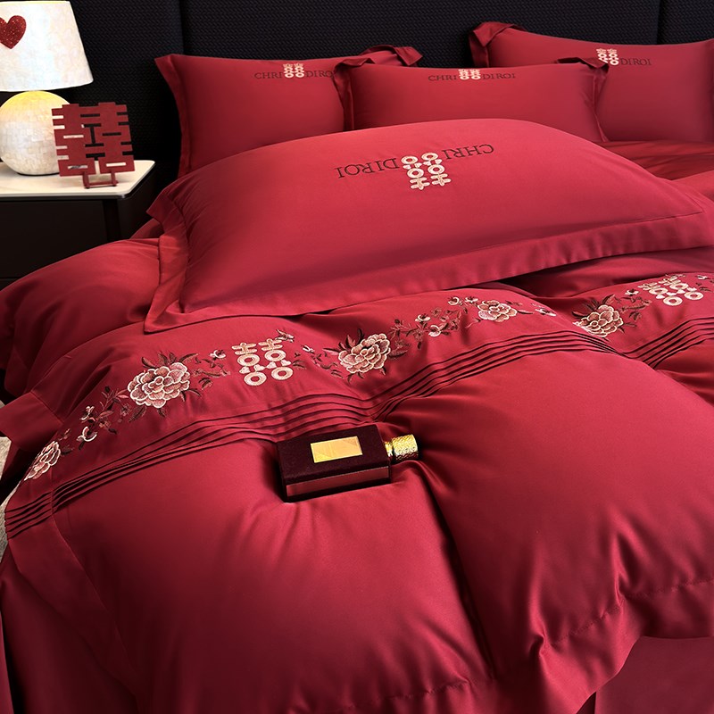 中式喜字结婚四件套大红色新婚陪嫁被套纯棉婚庆床上用品婚房喜被