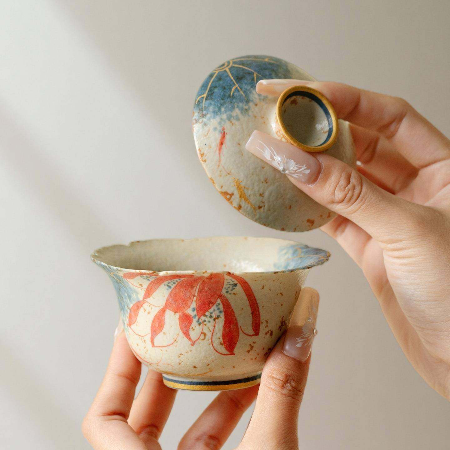 墨己焦釉手莲花仿古瓷盖碗功夫茶糖绘具家mjtc用花口陶盖碗家用泡,餐饮具,盖碗,淘宝优惠券,粉丝福利购,淘宝优惠卷