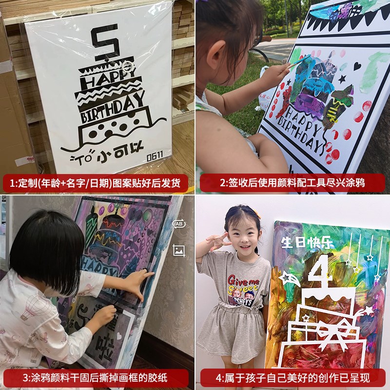 儿童生日画涂鸦画板可撕2岁女孩DIY填色画框宝宝周岁快乐布置装饰
