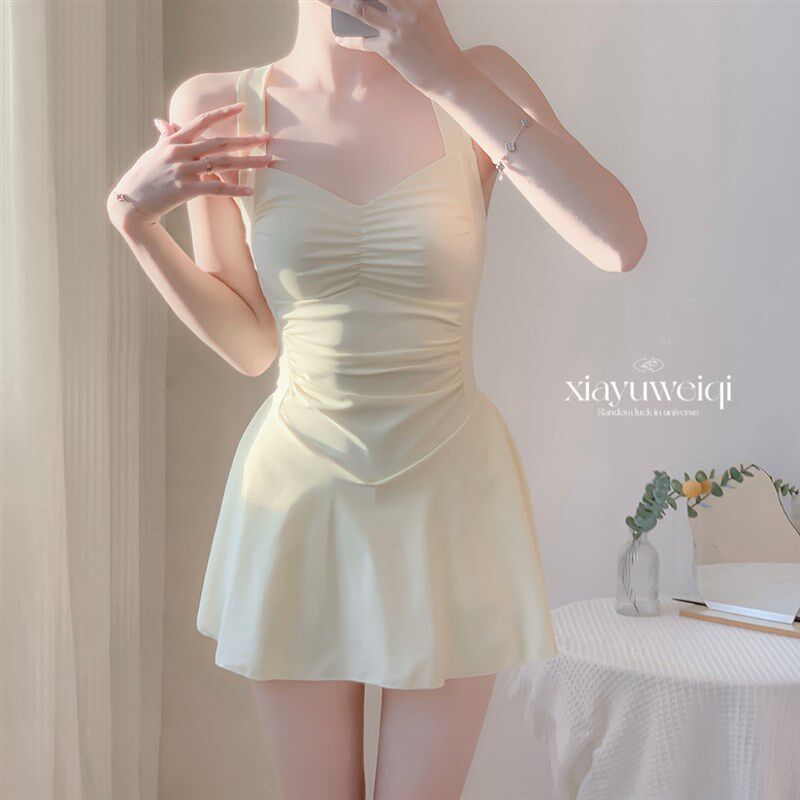 【夏语微琪】高级感珠光奶油色连体裙式遮肚显瘦保守温泉游泳衣女