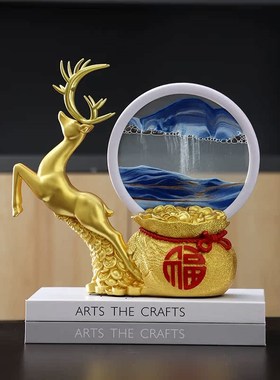 新中式福鹿生财流沙画摆件客厅装饰品公司店铺前台工艺品开业礼物