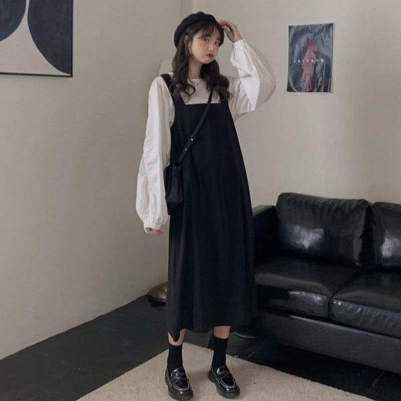 2024秋新款韩版白色宽松衬衫中长款学生L背带裙早秋两件套潮套装