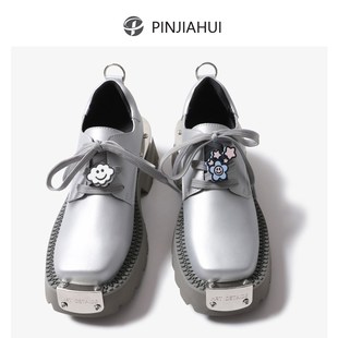 女废土风金属做旧街头银色厚底德比鞋 pinjiahui 小众英伦风小皮鞋