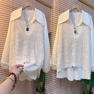 两件套胖妹妹宽松遮肚显瘦减龄衬衣套装 大码 森系钩花镂空马甲衬衫